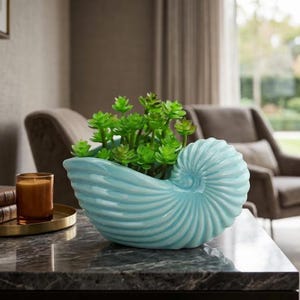 Blue Ceramic Seashell Planter Pot | Coastal Beach Decor Succulent & Cactus Flower Pot