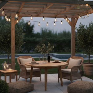 May include: A round wooden dining table with two wicker chairs featuring beige cushions, positioned under a wooden pergola illuminated by a string of warm glowing Edison bulbs. A glass vase with green foliage and a wine bottle sit on the table.