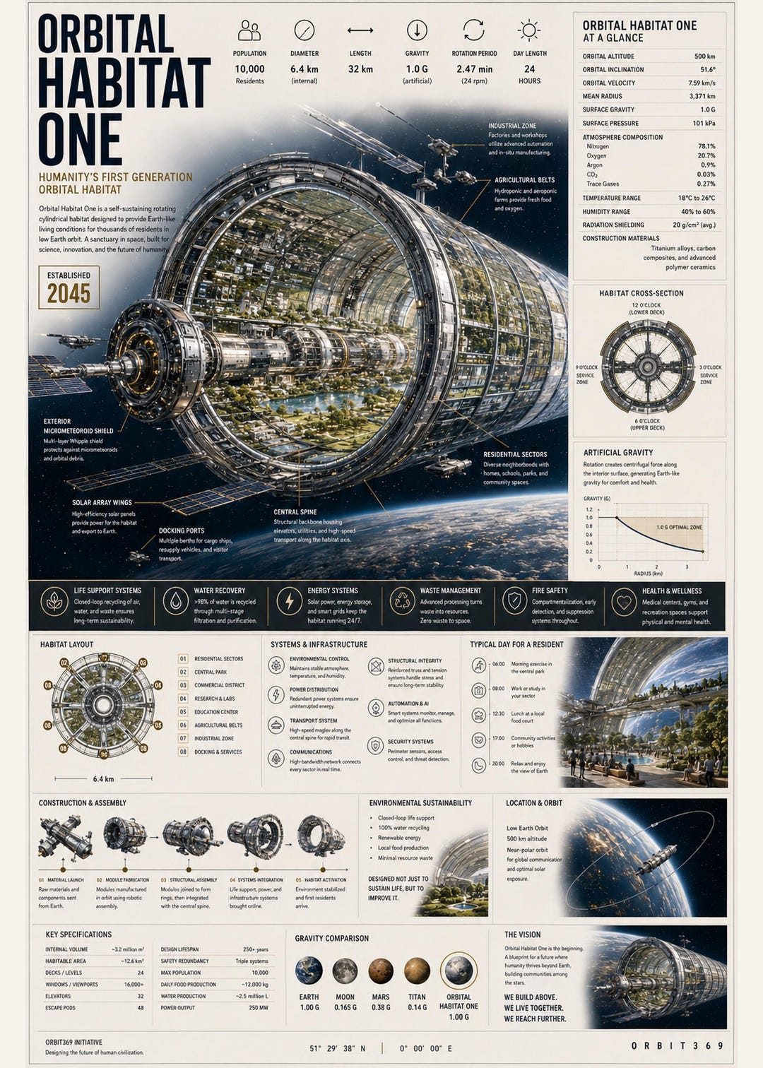 Orbital Habitat Wall Art | Futuristic Space Station Infographic