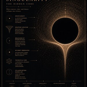 May include: A black and gold graphic poster about black hole singularity. The poster includes the text "BLACK HOLE SINGULARITY THE HIDDEN CORE" and diagrams illustrating concepts like infinite density and spacetime curvature.
