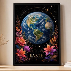 Pôster da Terra, Arte Espacial Floral Celestial, Download Digital da Órbita Rosa