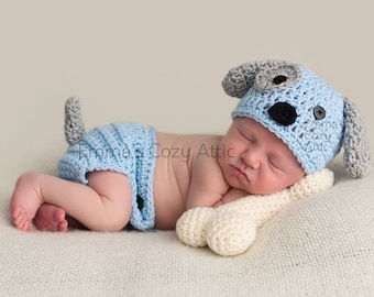 Puppy hat, crochet puppy outfit, newborn boy hat, newborn puppy hat, puppy hat set, newborn photo prop, baby boy hat, baby puppy hat