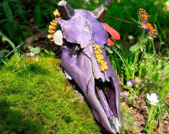 European Deer Antler Skull Hand Painted W/ Quartz Eye Witch Altar Decor 3D Printed