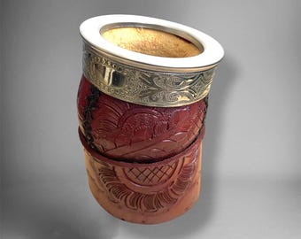 Imperial Mate Gourd Leather Embossed Alpaca Steel Ring Round Leather Base Handmade Premium Luxury Gift Original Argentine