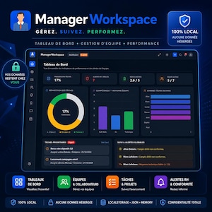 Op de afbeelding: Een digitale interface voor de software "Manager Workspace", met een dashboard met prestatie-indicatoren, taakverdeling en teammanagementtools. De interface toont grafieken en tekst in een donkerblauw en wit kleurenschema. De tekst bevat "Gérez. Suivez. Performer."