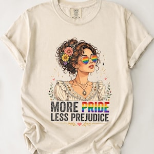 Camiseta "Más orgullo, menos prejuicios", camiseta gráfica con gafas de sol y corazón arcoíris, camiseta con mensaje de amor LGBTQ.