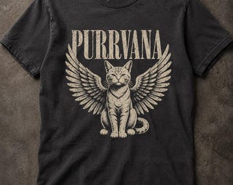 Purrvana Katzen Engel Shirt, Vintage Grunge Katzen Grafik T-Shirt, Retro 90er Jahre Band Parodie Top