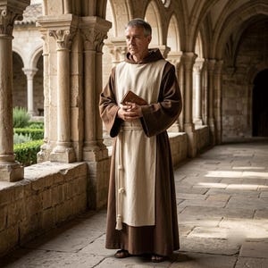 May include: A brown monk robe featuring a cream-colored scapular, a hood, and a white rope belt with knotted tassels. The garment is worn with open-toed sandals, and a small brown book is held in the hands against the chest area.