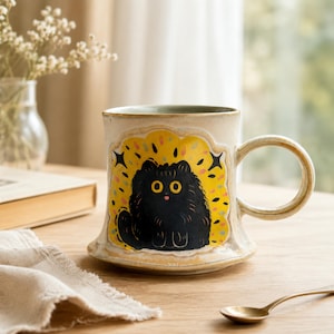 Tazza in ceramica con gatto nero, graziosa tazza da caffè con gatto, tazza kawaii con gatto e motivo a stella gialla, tazza da tè stravagante, regalo per amanti dei gatti
