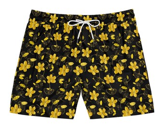 Zwart-gouden bloemenzwembroek met ginkgoblad voor heren, resortboardshort
