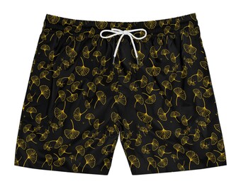 Black Gold Ginkgo Leaf-zwembroek heren, minimalistische botanische boardshort