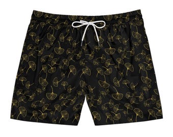 Black Gold Ginkgo Leaf-zwembroek heren, minimalistische botanische boardshort