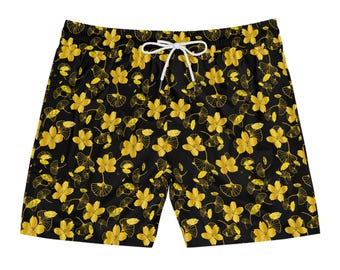 Zwart-gouden bloemenzwembroek met ginkgoblad voor heren, resortboardshort