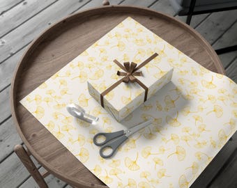 Cadeaupapier met ginkgobladmotief, elegant botanisch cadeaupapier, gouden lijntekening, gedrukt in de VS.