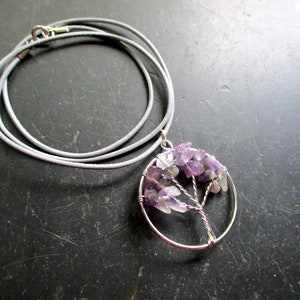 Necklace, leather cord, pendant, tree of life, metal, silver plated, amethyst, purple