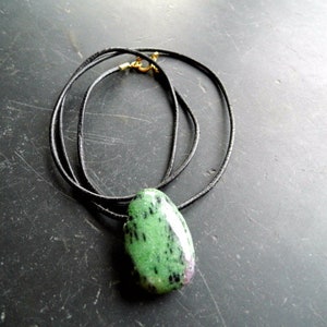 necklace, pendant, leather strap, drop, ruby, fuchsite, green, red, jewelry