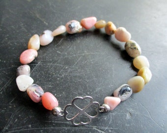 Bracelet, clover leaf, luck, pink opal, nuggets, pink, symbol bracelet