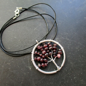 Pendant, tree of life, metal, silver plated, tree, garnet, leather strap