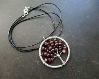 Pendant, Tree of Life, Metal, Silver Plated, Tree, Garnet, Leather Strap