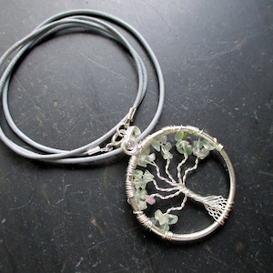 Chain, leather strap, pendant, tree of life, metal, silver-plated, fluorite, colorful