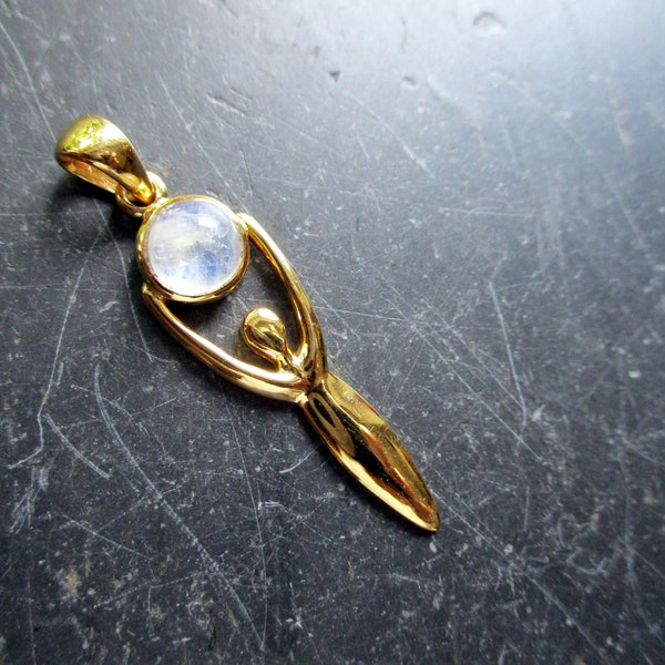 Goddess, Gaja, pendant, silver, gilded, moonstone, earth mother, jewelry, mother goddess, large