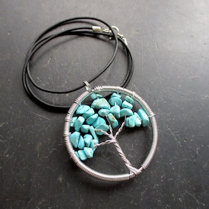 Chain, leather strap, pendant, tree of life, metal, silver-plated, turquoise, blue