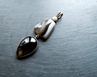 Silver pendant, 3 stones, silver, agate, pearl, smoky quartz, pendant, white, grey, black