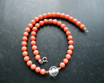 Chain, coral, salmon color, rock crystal, sterling silver, jewelry, women