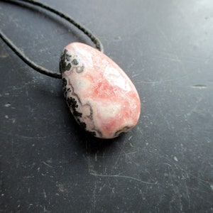 Pendant, Rhodochrosite, Drop, Pink, Silver, Leather Cord, Jewelry, Unisex