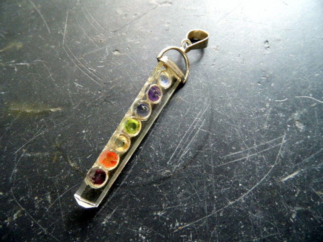Pendant, Rock Crystal, Chakra Rod, Chakra, 7 Stones, Gemstones, Silver