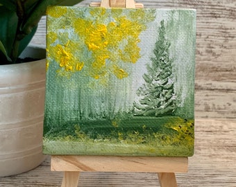 Mini Canvas Painting With Easel 3x3 Square Landscape Painting Windy Scene  Tabletop Shelf Art Home Decor Small Unisex Gift 