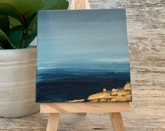 Mini Canvas Painting with Easel | 3x3 Mini Seascape Painting | Tabletop or Shelf Art | Mini Art with Easel | Abstract Seascape | Lake