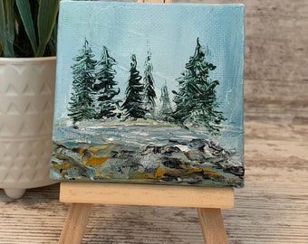 Mini Canvas Painting with Easel | 3x3 Square | Mini Landscape Painting | Pine Trees | Tabletop Shelf Art | Small Decor | Unisex Gift