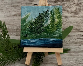Mini Canvas Painting with Easel | 3x3 Square | Landscape Painting | Windy Scene | Tabletop Shelf Art | Home Decor Small | Unisex Gift
