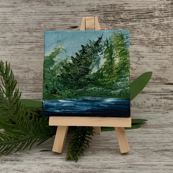 Mini Canvas Painting With Easel 3x3 Square Landscape Painting Windy Scene  Tabletop Shelf Art Home Decor Small Unisex Gift 