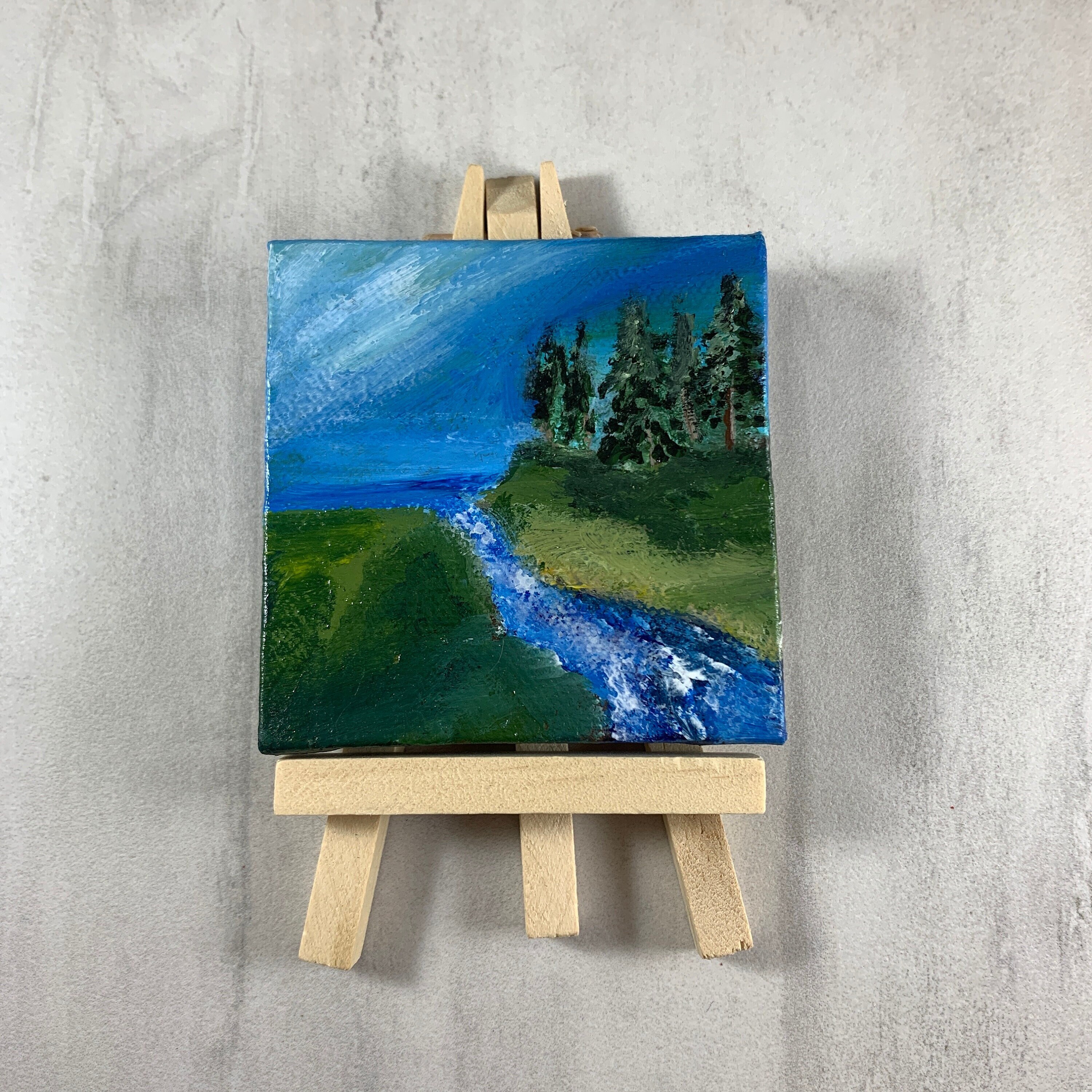 Mini Canvas Painting With Easel 3x3 Square Landscape Painting Windy Scene  Tabletop Shelf Art Home Decor Small Unisex Gift 