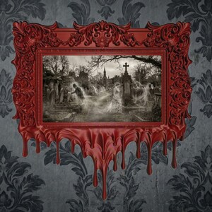 May include: A red, ornate picture frame featuring a black and white cemetery scene. The frame has a dripping effect. The background is a grey and black floral wallpaper, typical of Victorian design.