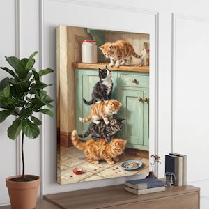 May include: A vertical painting depicts six kittens in a kitchen setting. The kittens are various colors, including orange, black, and gray. They are stacked on top of each other near a blue cabinet. A small bowl of food and a jar are also visible.