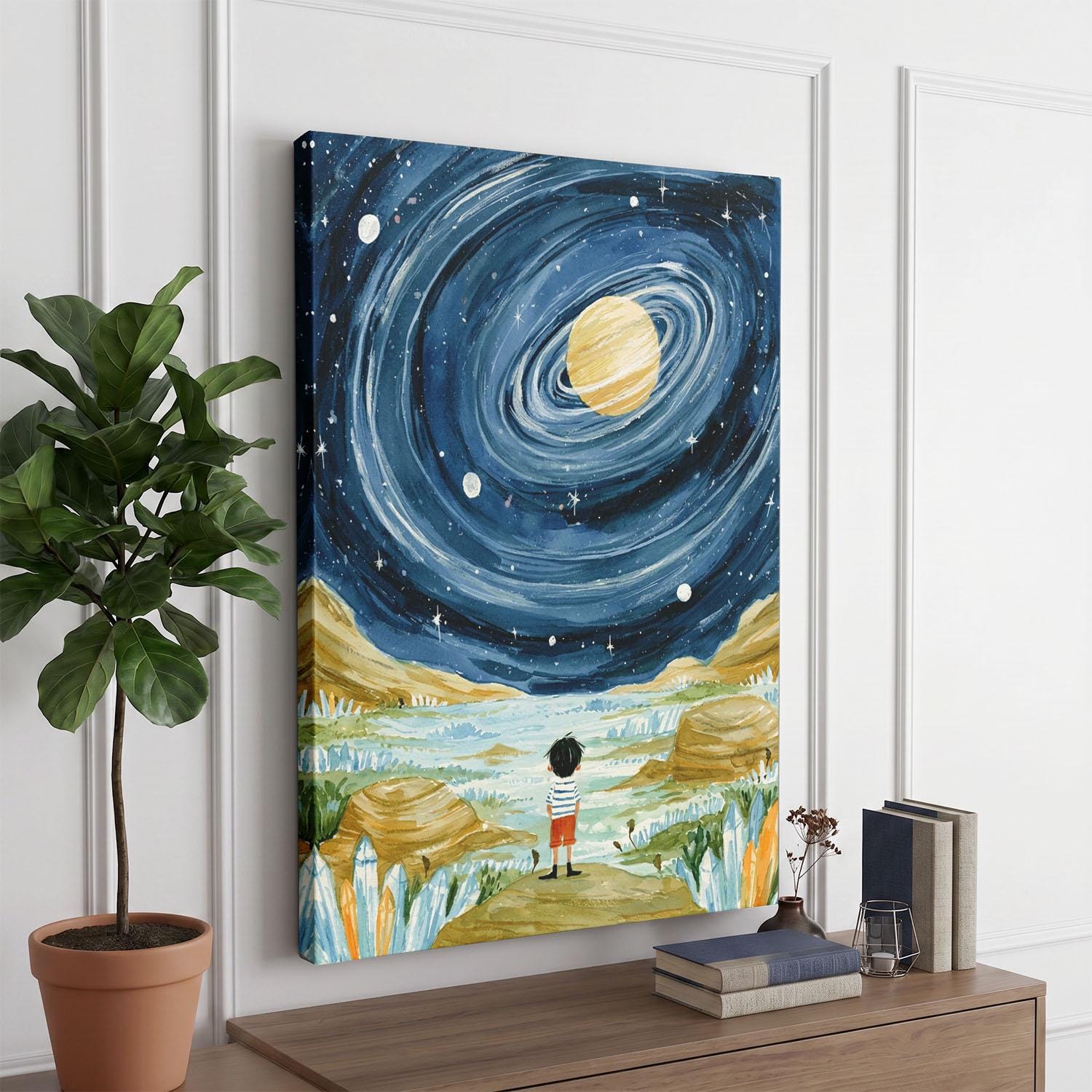 Cosmic Boy Art, Canvas Print, Galaxy Landscape Wall Decor, Surreal Space Nursery, Whimsical Watercolor Poster, Starry Sky Bedroom Art