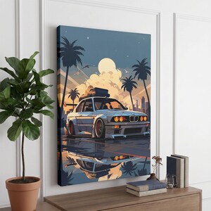 JDM Car Canvas Print, Retro Drift Art, Sunset Palm Tree Wall Decor, Synthwave Aesthetic Poster, Street Racing Room Decor, Car Enthusiast