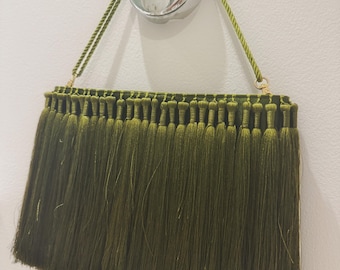 Olive Green Fringe Clutch Bag, Tassel Evening Purse, Statement Shoulder Bag, Boho Handbag, Vintage Inspired Party Bag, Unique Gift for Her