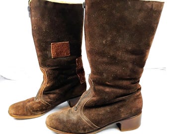 VTG Brown Suede Slouch Boots Sherpa Lined Tall Apres Ski Womens Fits 8