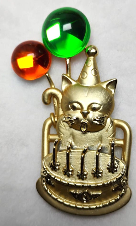 Vintage AJC Cat Birthday Cake Brooch Figural Balloons Gold Tone