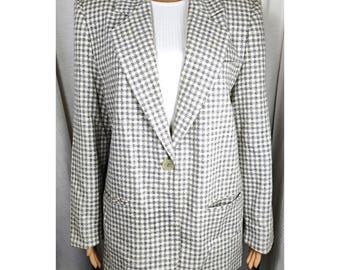 Vintage Robyn Meredith 100% Wool Blazer Womens 12 Gray White Plaid Shoulder Pad Jacket