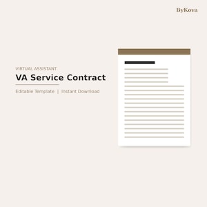 Peut inclure: Un modèle de document numérique intitulé Virtual Assistant VA Service Contract avec le texte Editable Template et Instant Download. Le graphique présente une page blanche stylisée avec un en-tête marron et du texte noir sur fond beige.