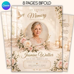 May include: An 8-page bifold funeral program template featuring a portrait of a woman, floral arrangements with pink roses, a flying dove, and the text In Loving Memory, Jasmine Walker, May 10, 1955 - March 15, 2025, Hope Community Church.