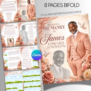 May include: An 8-page bifold funeral program template measuring 17 by 11 inches unfolded. The design features a portrait of a man in a peach suit, floral accents, and white doves. Text includes "In Loving Memory of James Edward Johnson."