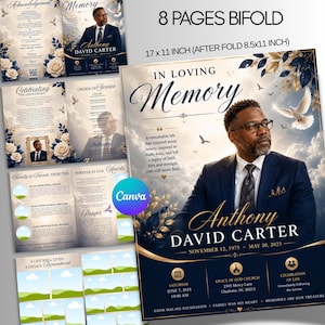 May include: An 8-page bifold funeral programme template measuring 43.18 by 27.94 cm, folding to 21.59 by 27.94 cm. The design features a portrait of a man in a suit, navy blue and gold floral accents, white doves, and clouds with text In Loving Memory.