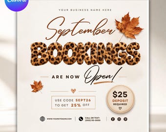 September Beauty Booking Flyer Template, Fall Hair Nail Lash Makeup Canva Design (Digital Download)