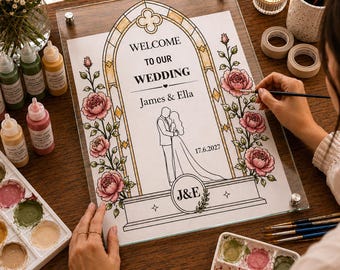 Faux Glasmalerei Hochzeit Willkommen Schild Vorlage, druckbare Ablaufverfolgung Muster (digitaler Download)